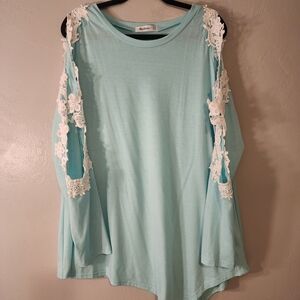 Blue Cold Shoulder Top With Lace